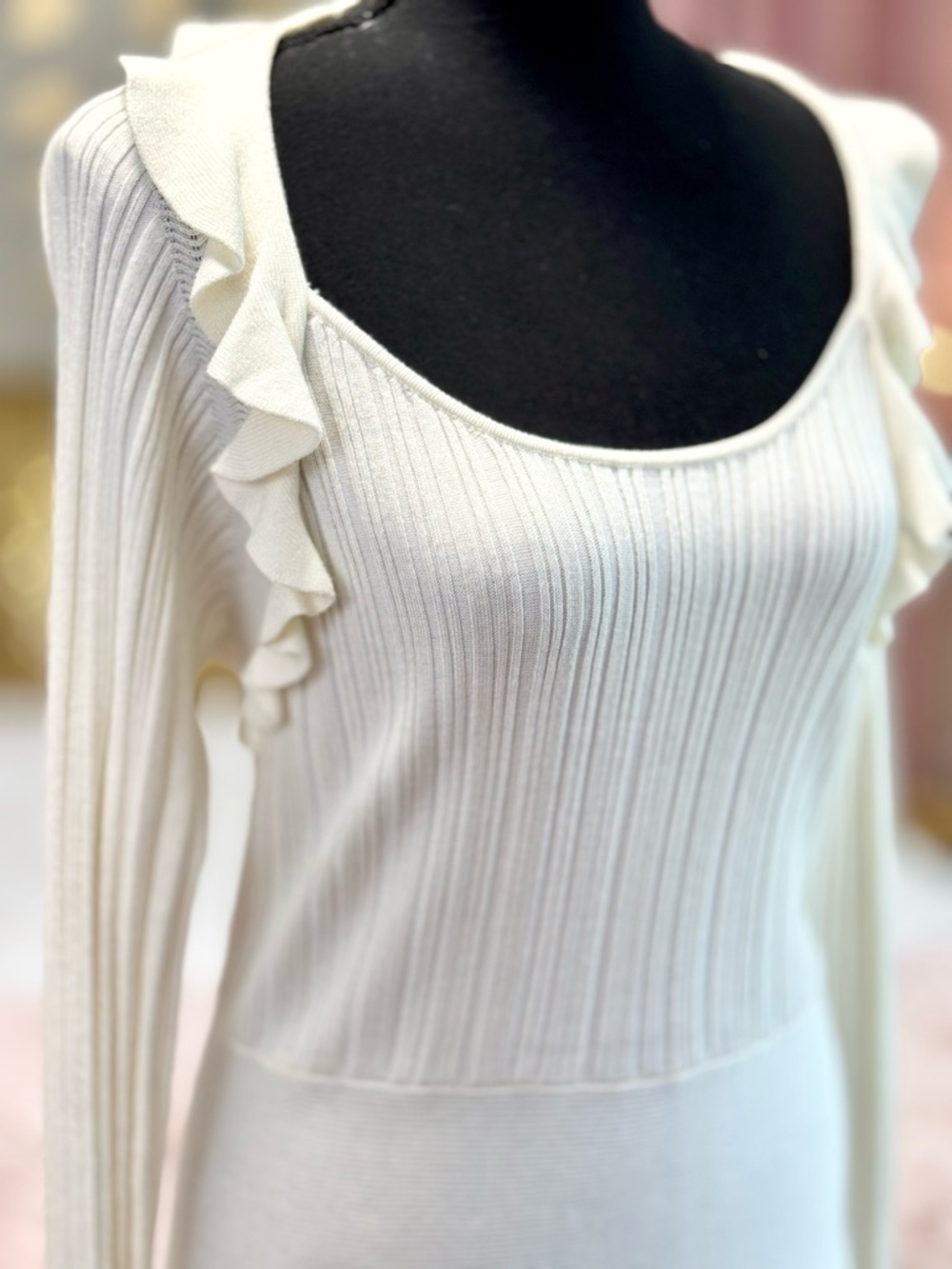 Cato Cream Ribbed Knit Dress Ruffle Strap Long Sleeve Fit & Flare NWT M - Picture 3 of 4
